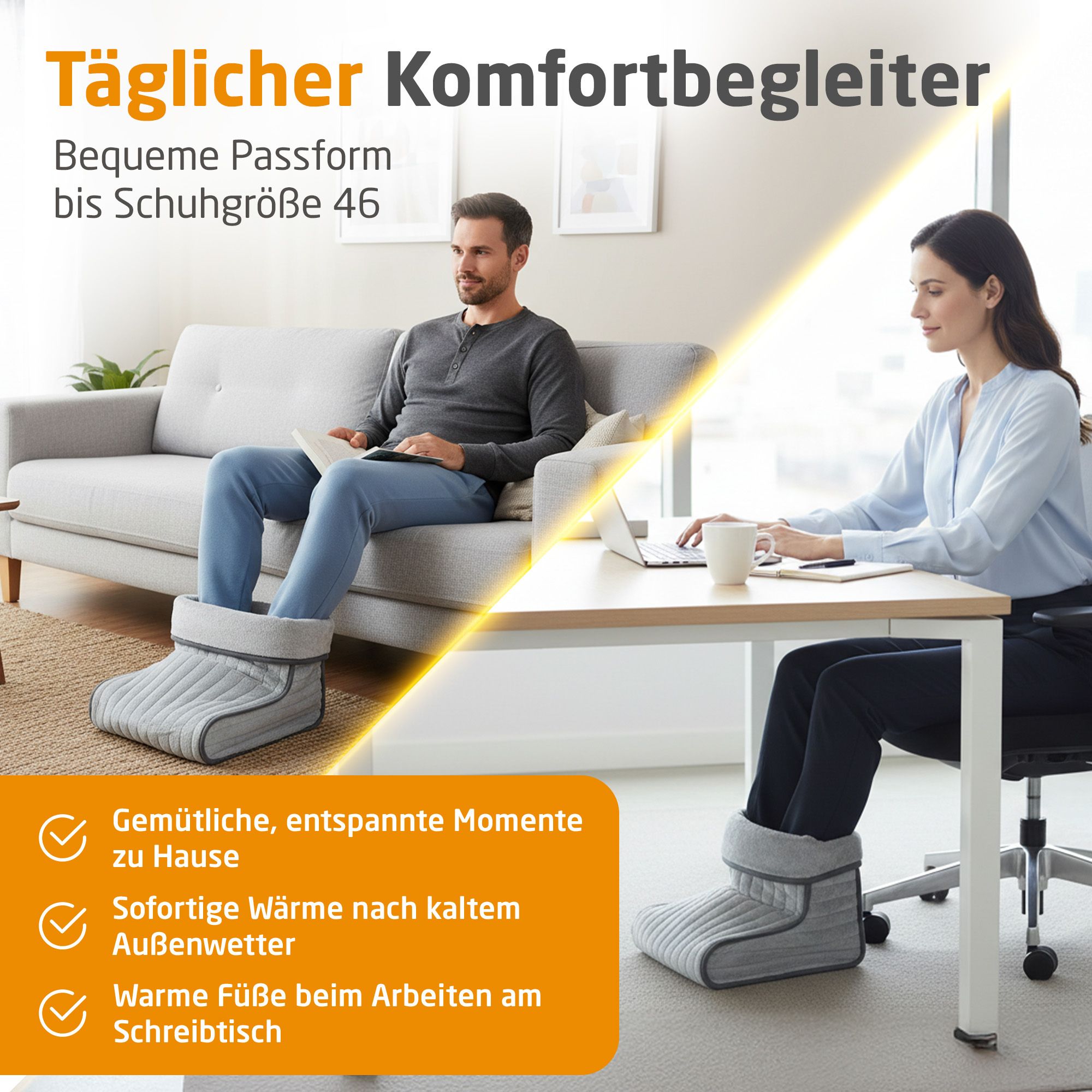 Grauer Fußwärmer für Schuhgröße bis 46, für Komfort zu Hause und am Arbeitsplatz.