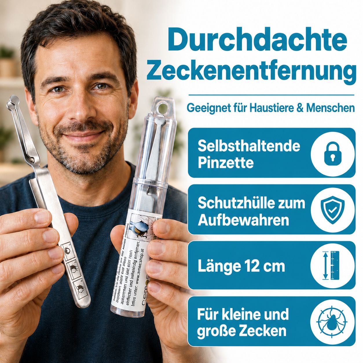 Zeckenzange mit Schutzhülle. Länge 12 cm. Geeignet für Haustiere & Menschen. Text: Selbsthaltende Pinzette, Schutzhülle, Länge 12 cm.