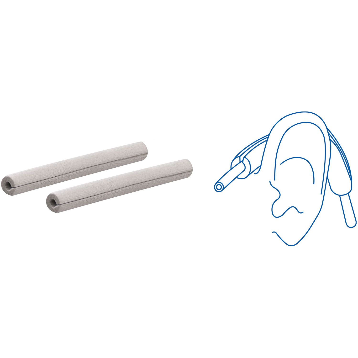 Zwei graue Ohrpolster. Zylindrische Form mit zentraler Öffnung. Neben einer schematischen Darstellung eines Ohrs mit Sauerstoffbrille.