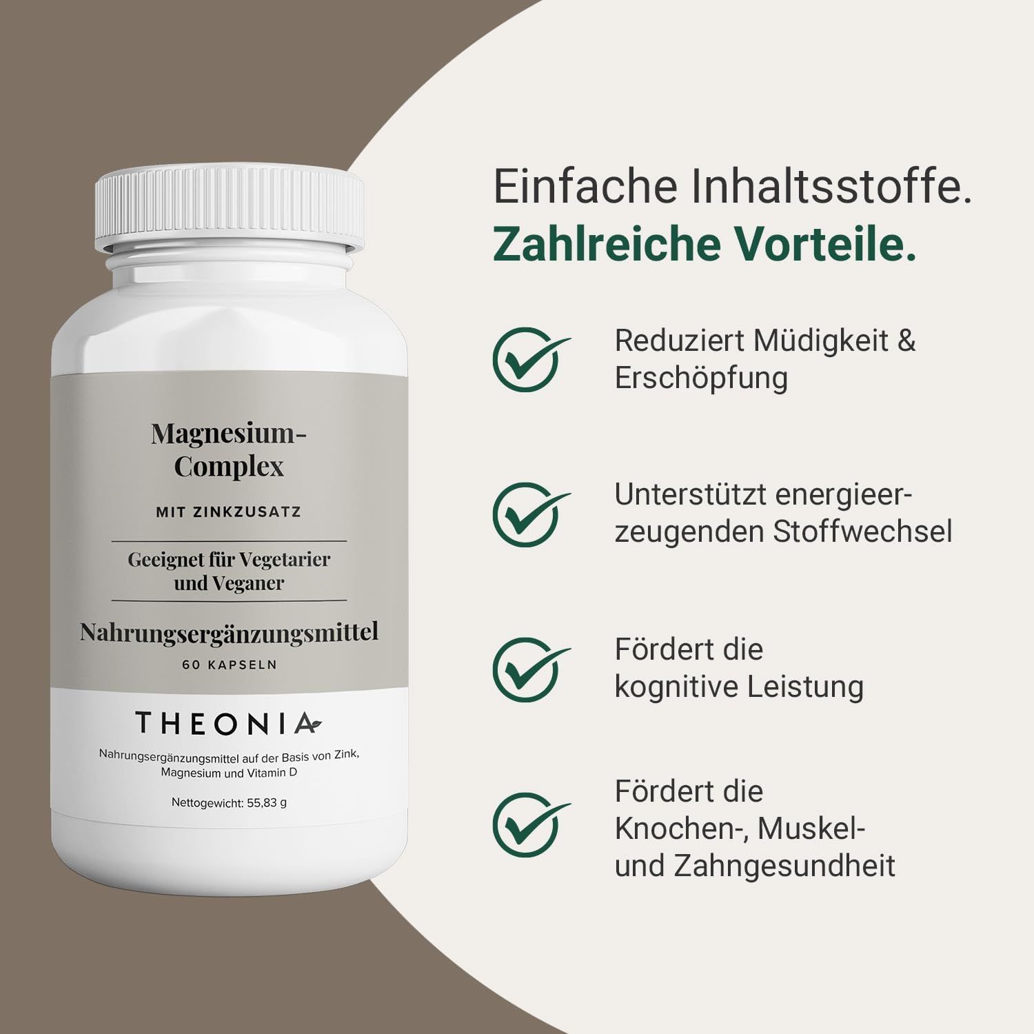 Weiße Flasche mit Kapseln. Etikett mit "Magnesium-Complex", "60 Kapseln" und "Theonia". Text über Vorteile und Inhaltsstoffe.