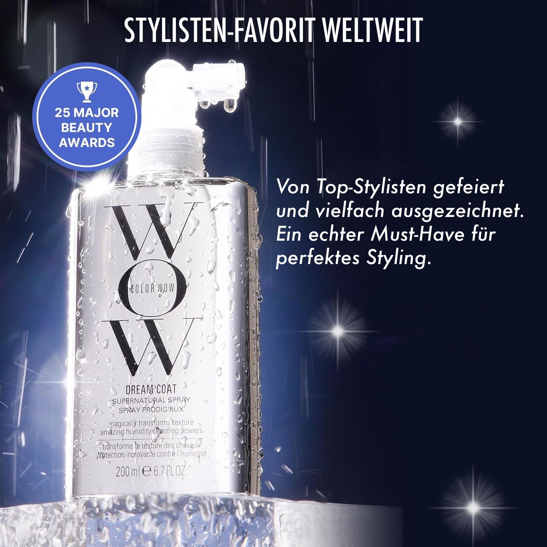 COLOR WOW Dream Coat Spray. Flasche mit Sprühkopf. Text und Logo auf silbernem Hintergrund. Auszeichnung: 25 Beauty Awards.