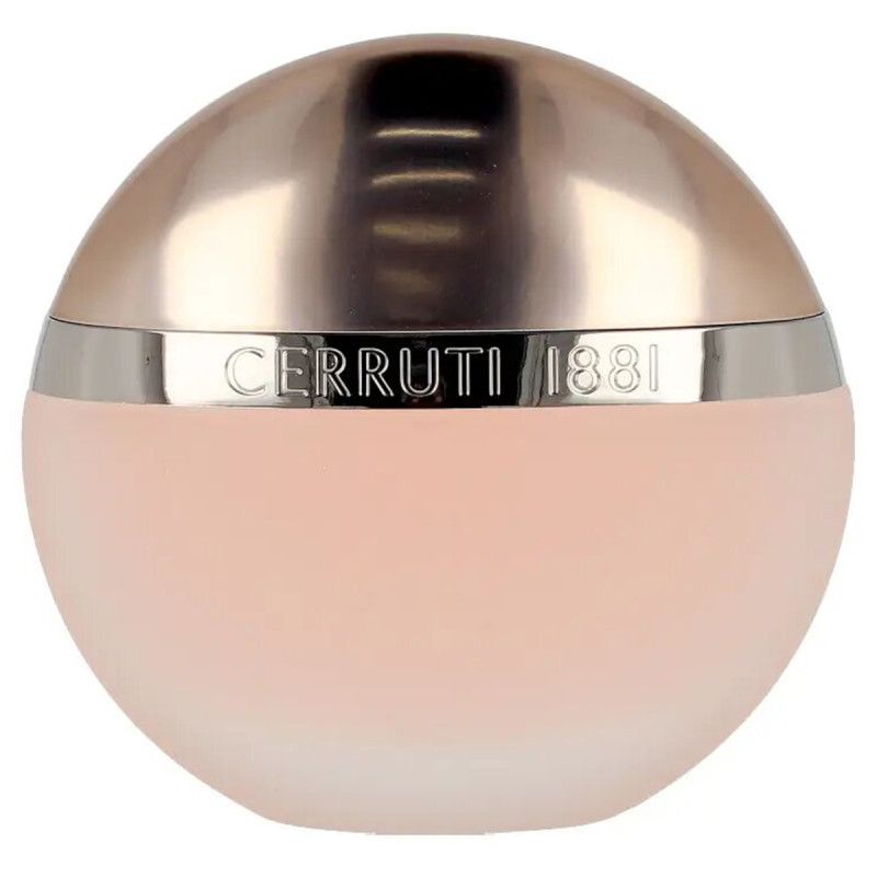 Cerruti 1881 Eau de Toilette Flakon, rund, hellrosa, mit silbernem Ring und Deckel.