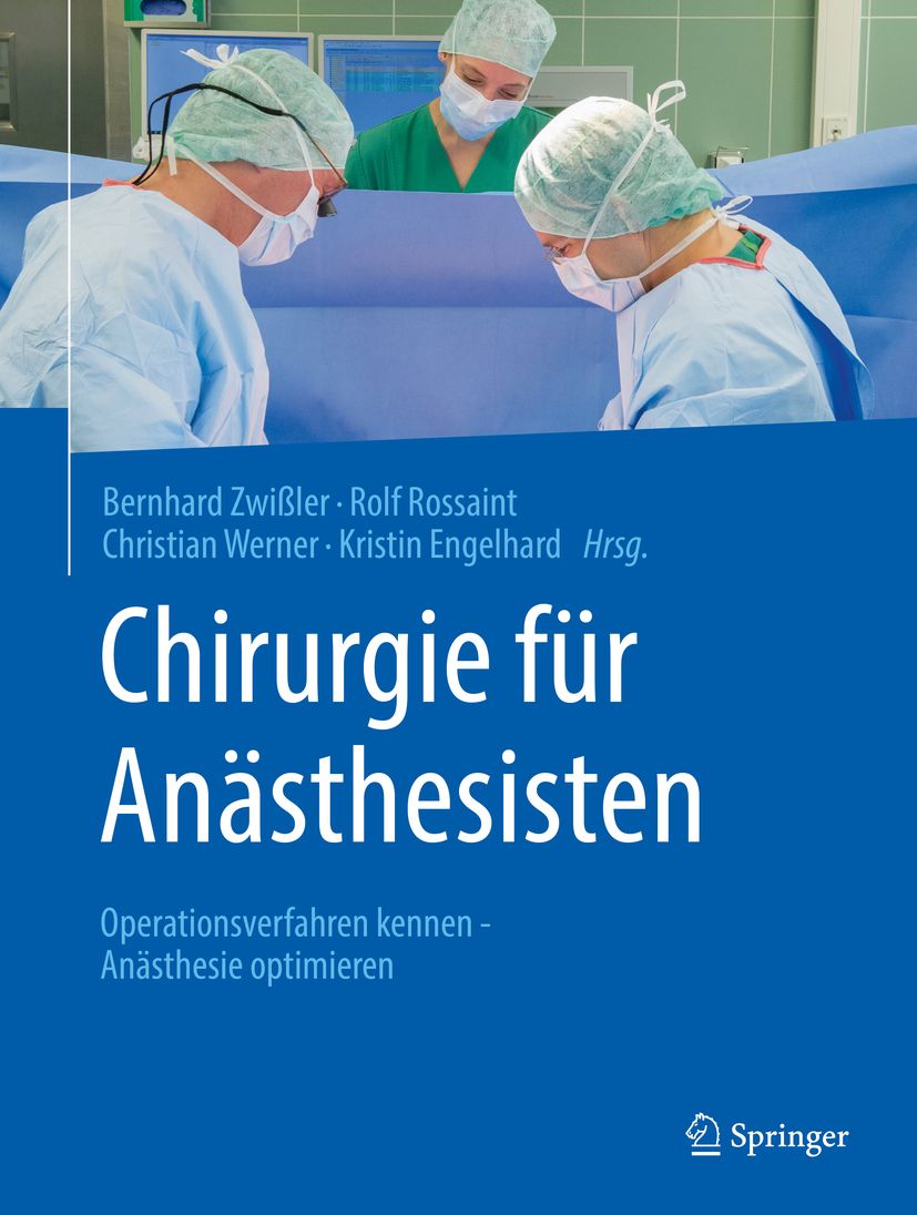 Buchcover: Chirurgie für Anästhesisten. Titel in Weiß auf blauem Hintergrund. Ärzte im OP-Saal im Hintergrund.