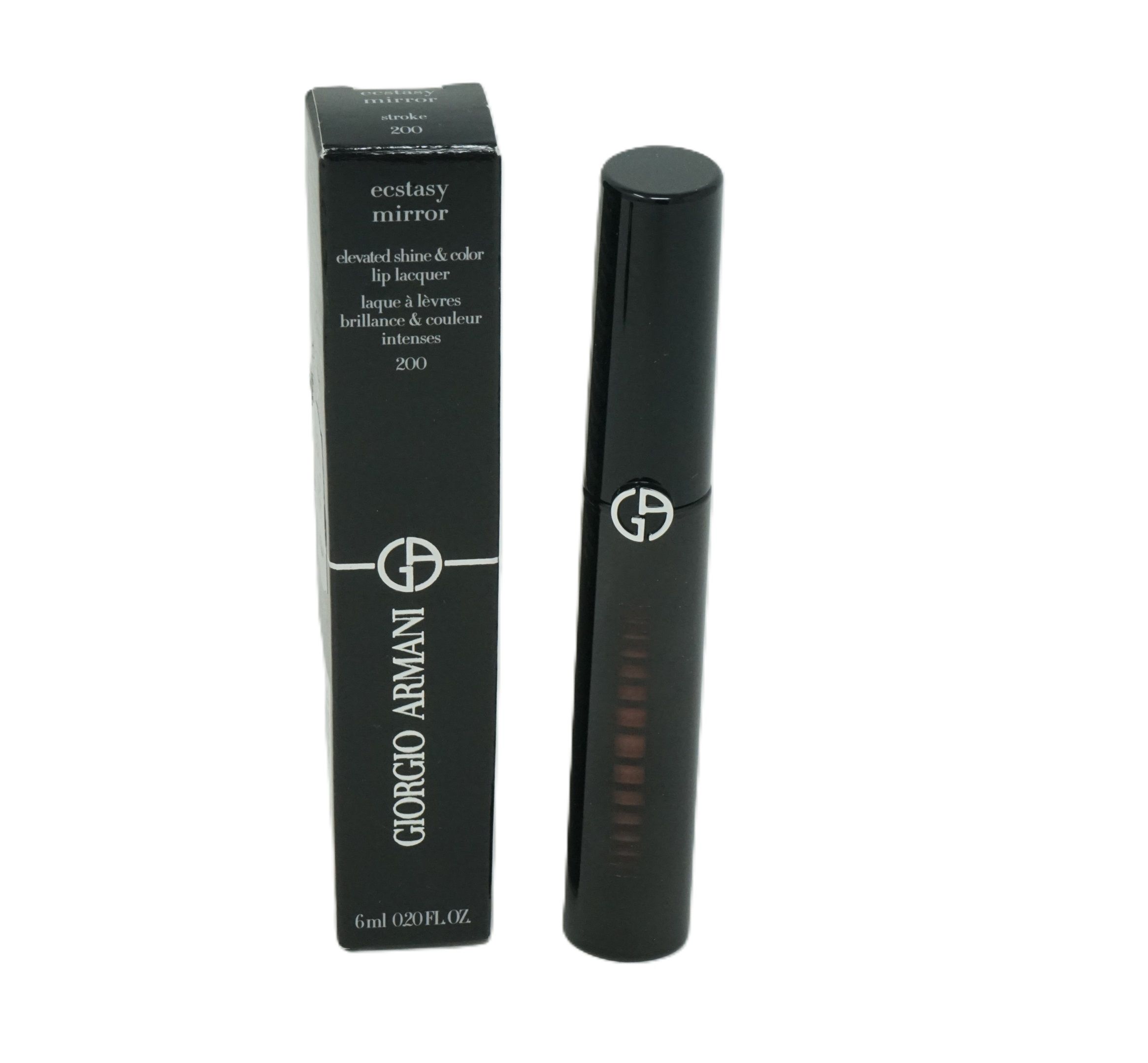 Schwarzer Lipgloss-Behälter und Schachtel. Auf der Schachtel steht "Giorgio Armani" und "Ecstasy Mirror".