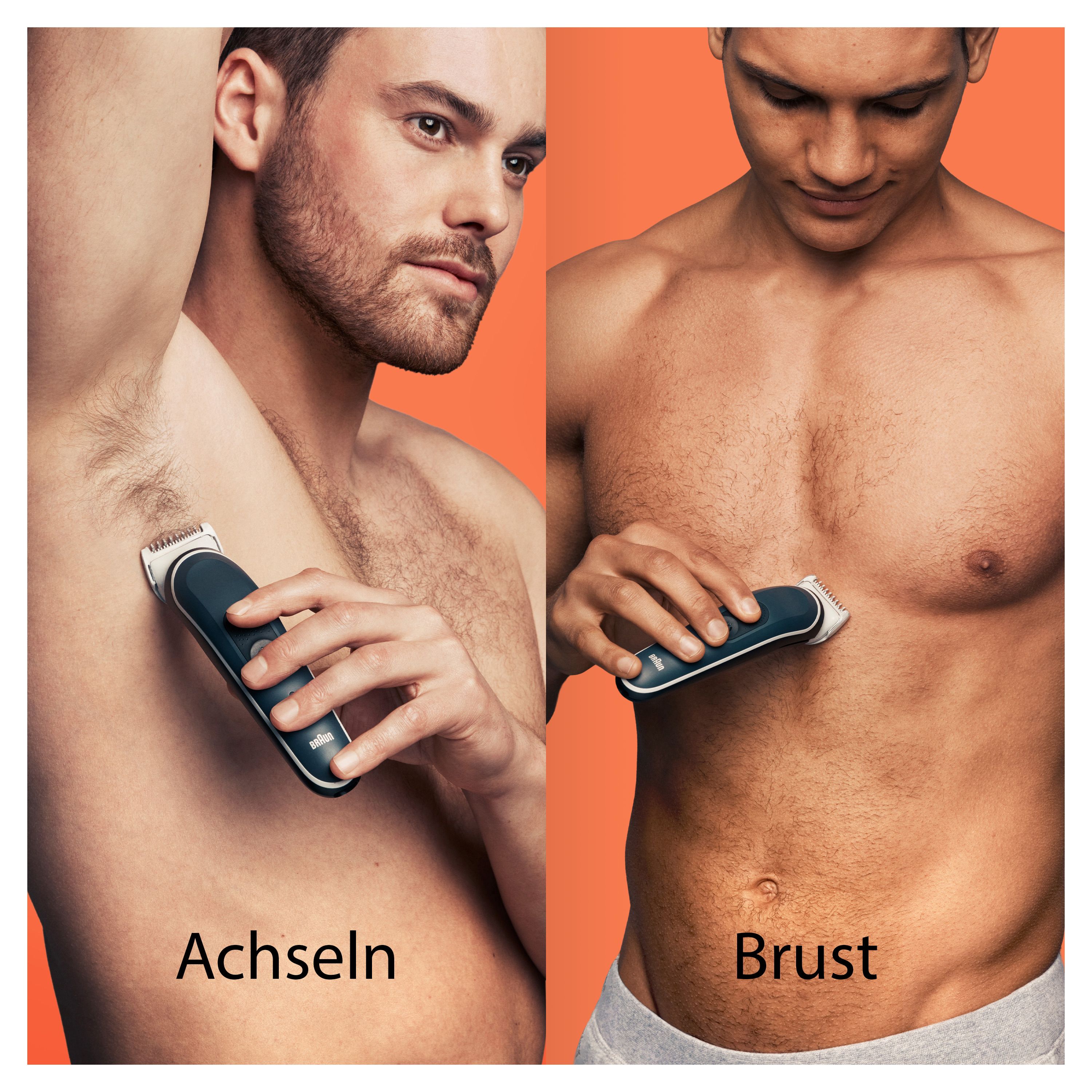 Zwei Bilder zeigen die Anwendung des Trimmers. Achseln und Brust. Intimbereich und Beine. Produkt in Anwendung.