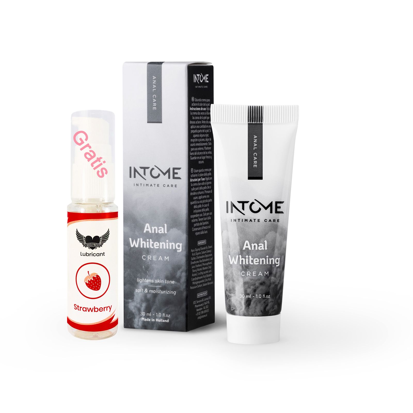Drei Produkte: Intome Anal Whitening Creme, Gleitgel mit Erdbeergeschmack und Verpackung. Aufschrift: Intome, Anal Care, Gratis.