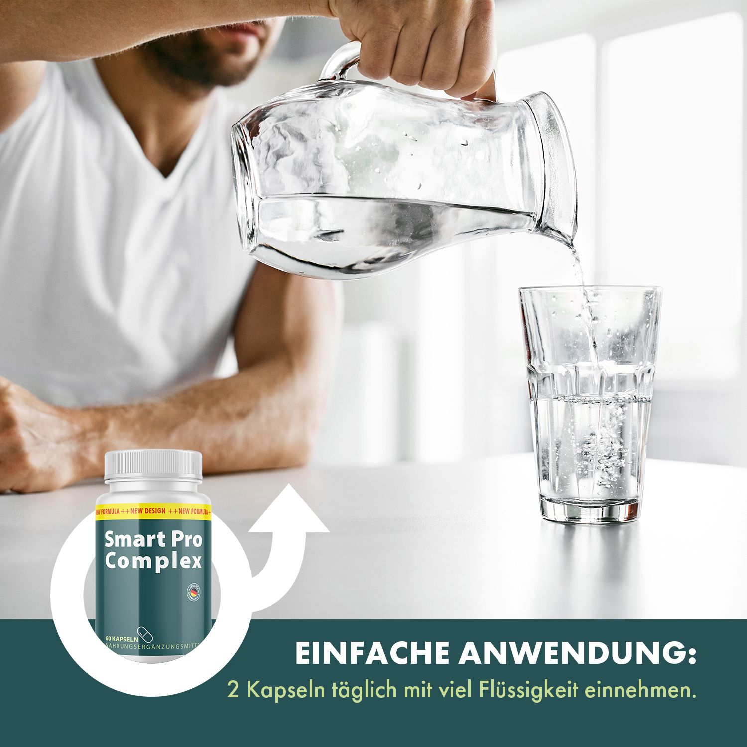 Person gießt Wasser in Glas. Flasche Smart Pro Complex Kapseln. Text: Einfache Anwendung: 2 Kapseln täglich mit viel Flüssigkeit einnehmen.
