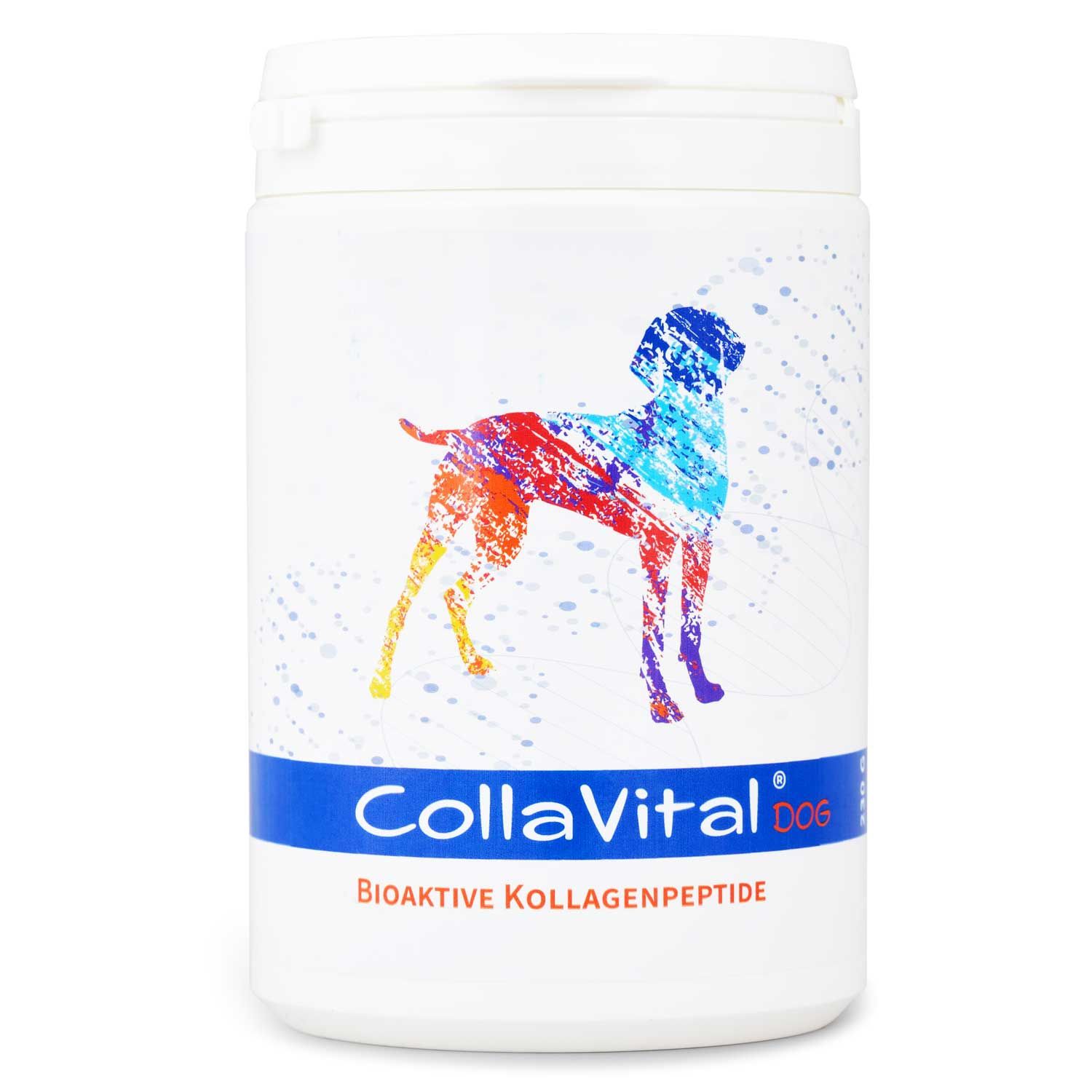 Weiße Dose mit blauem Streifen und Aufdruck. Buntes Hundemotiv. Text: CollaVital DOG, Bioaktive Kollagenpeptide.