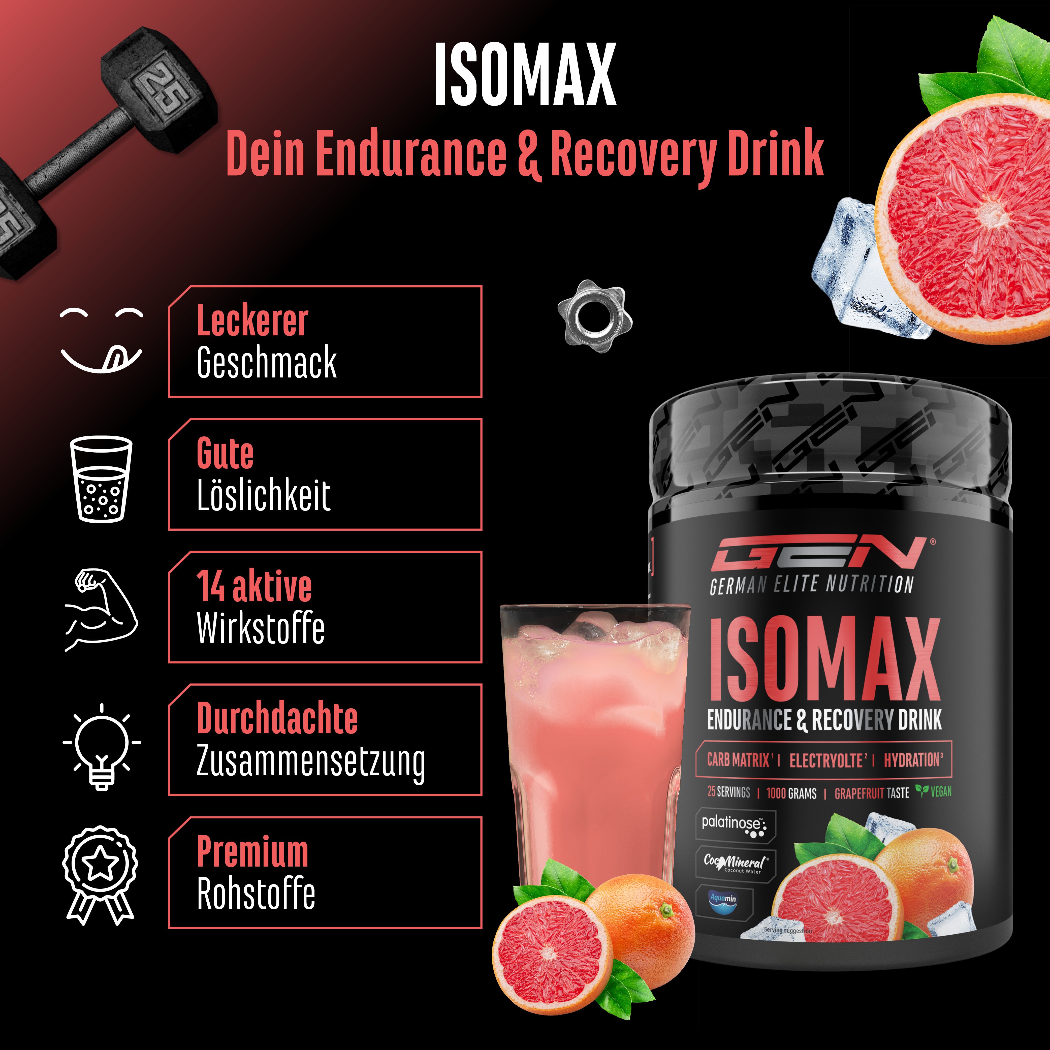 Werbefläche mit Dose, Glas Getränk, Grapefruit und Logos. Text: ISOMAX, leckerer Geschmack, gute Löslichkeit, 14 Wirkstoffe, Premium Rohstoffe.