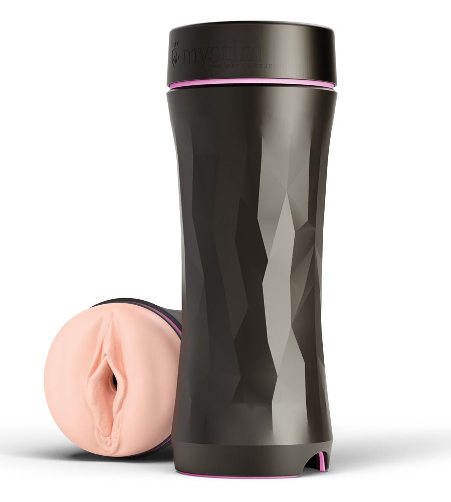 Schwarzes Gerät mit rosa Akzenten und einer rosa-farbenen, anatomisch geformten Öffnung. Geometrisches Design.