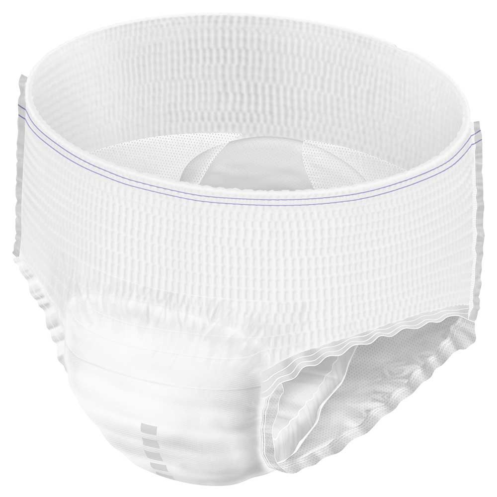 Weiße Inkontinenzhose. Innenliegende Absorptionsschicht. Blaue Ziernaht am Bund. Elastischer Beinabschluss.