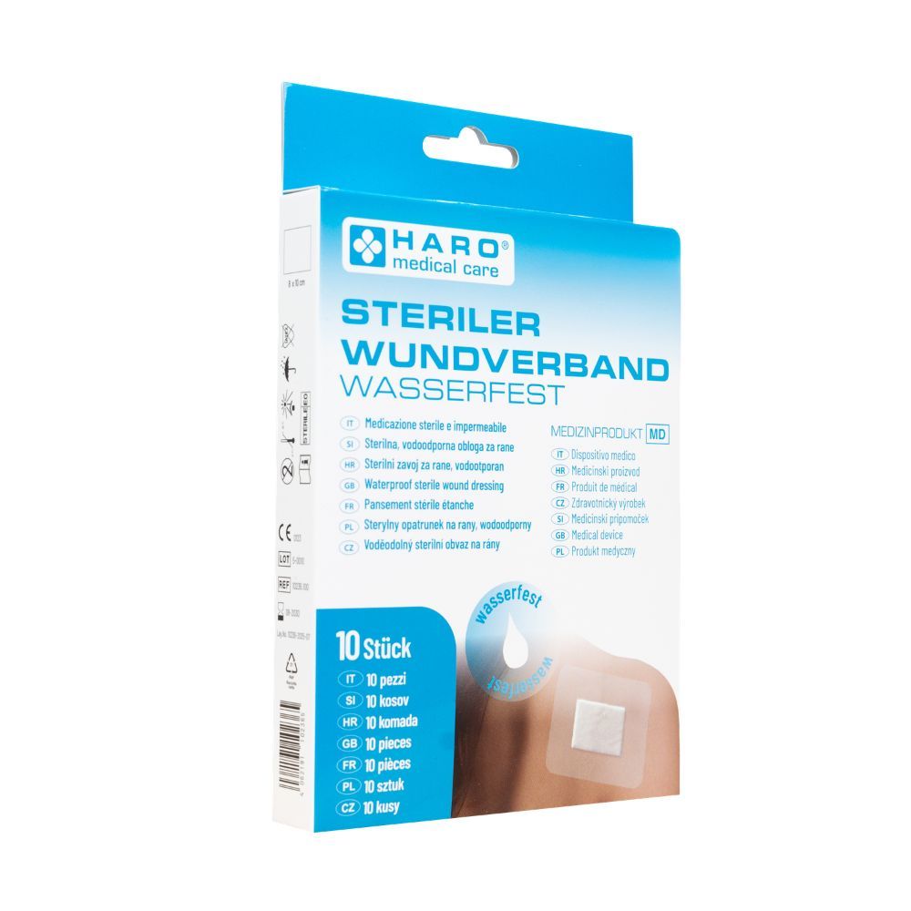 Verpackung mit sterilem, wasserfestem Wundverband. Enthält 10 Stück. Marke: HARO medical care. Aufdruck: Steriler Wundverband wasserfest.