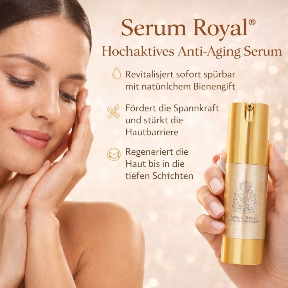 Frau hält goldfarbenen Spender. Text: 'Serum Royal®'.