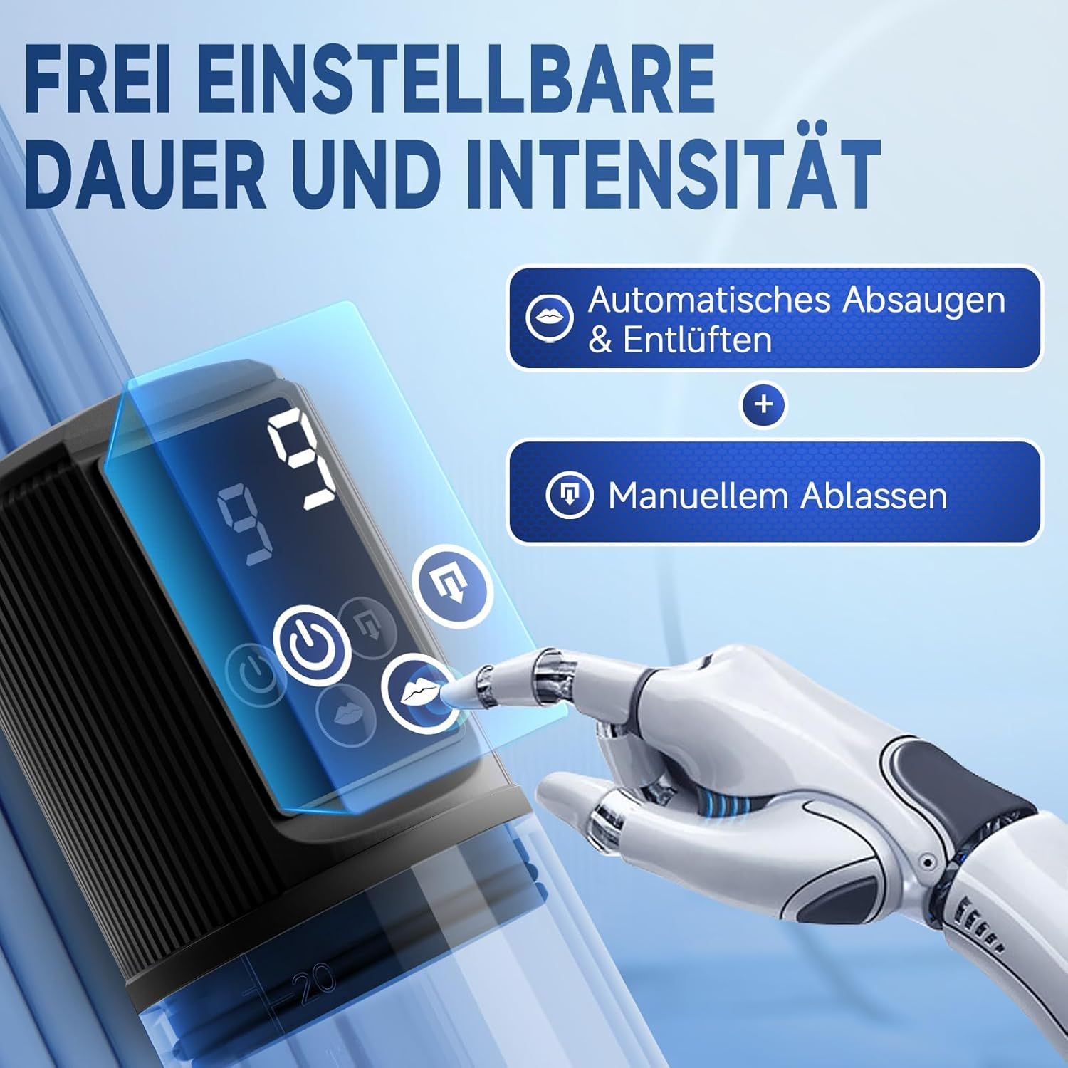 Vakuumpumpe mit digitalem Display. Steuerung mit Tasten. Roboterhand bedient die Pumpe.