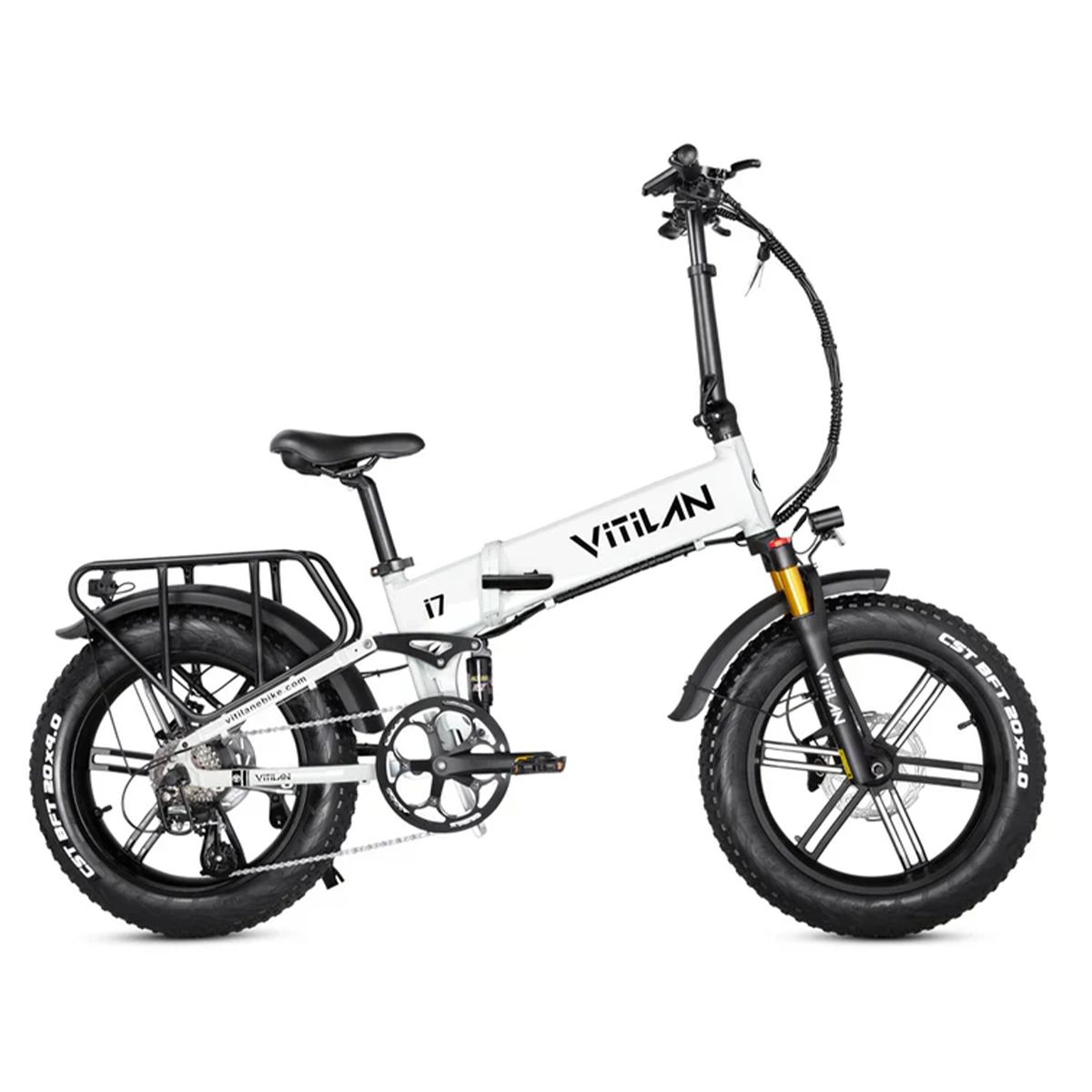 Faltbares E-Bike VITILAN i7 Pro 3.0, weiß. Schwarze Reifen, Gepäckträger. VITILAN-Logo. 8-Gang Shimano-Schaltung.