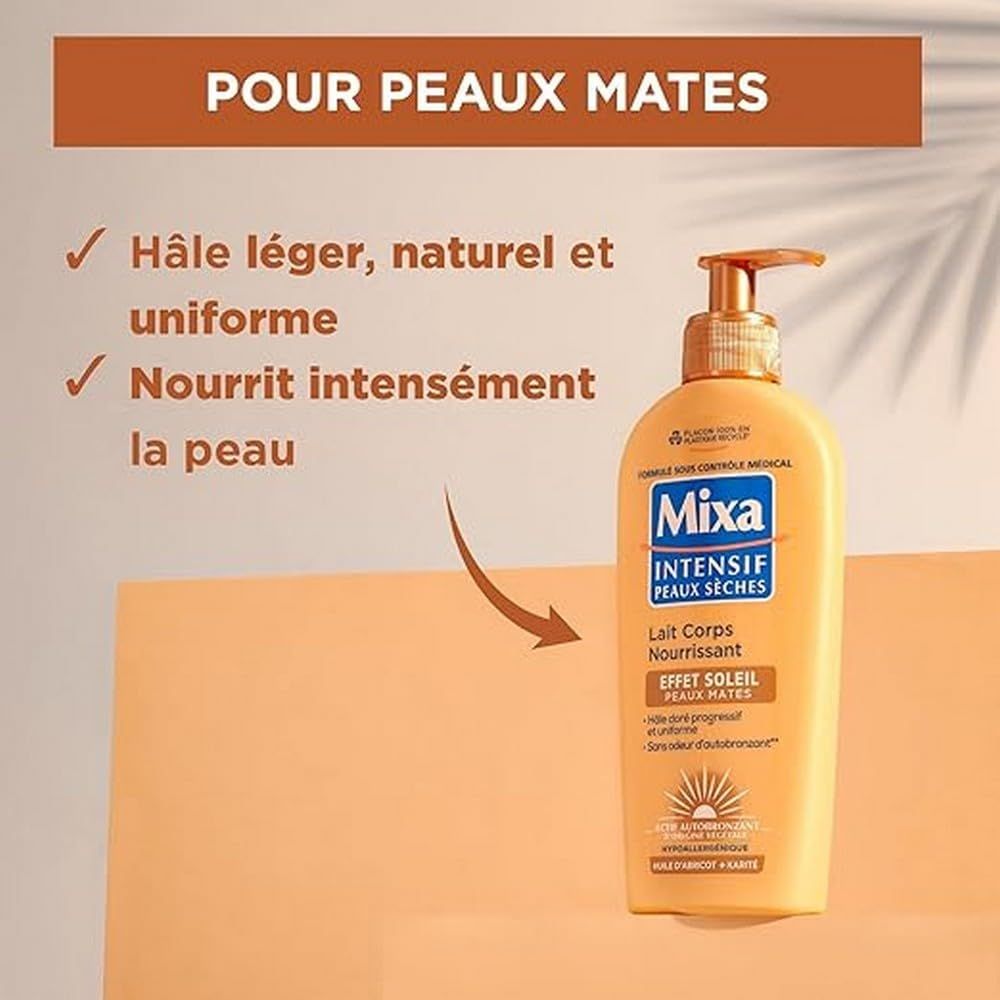 Gelbe Flasche mit Pumpe. Text: MIXA Intensiv, Peaux Seches, Lait Corps Nourrissant, Effet Soleil Peaux Mates. Für matte Haut.