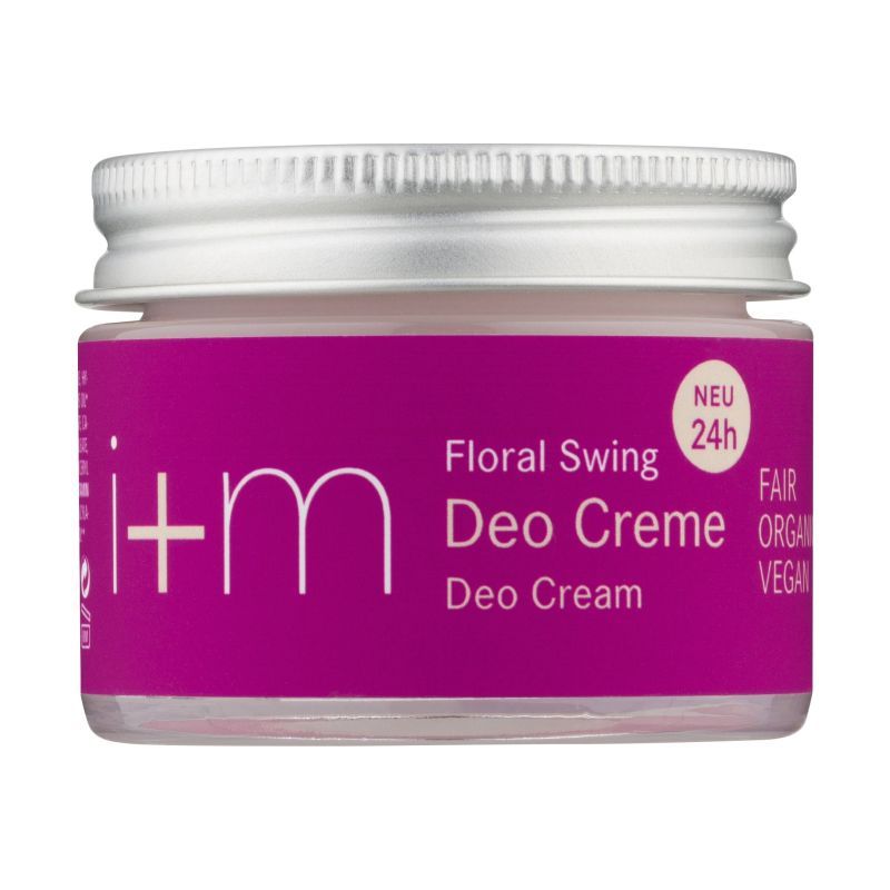 Deocreme in einem Glas mit silbernem Deckel. Auf dem lila Etikett steht "Floral Swing Deo Creme" und "i+m".