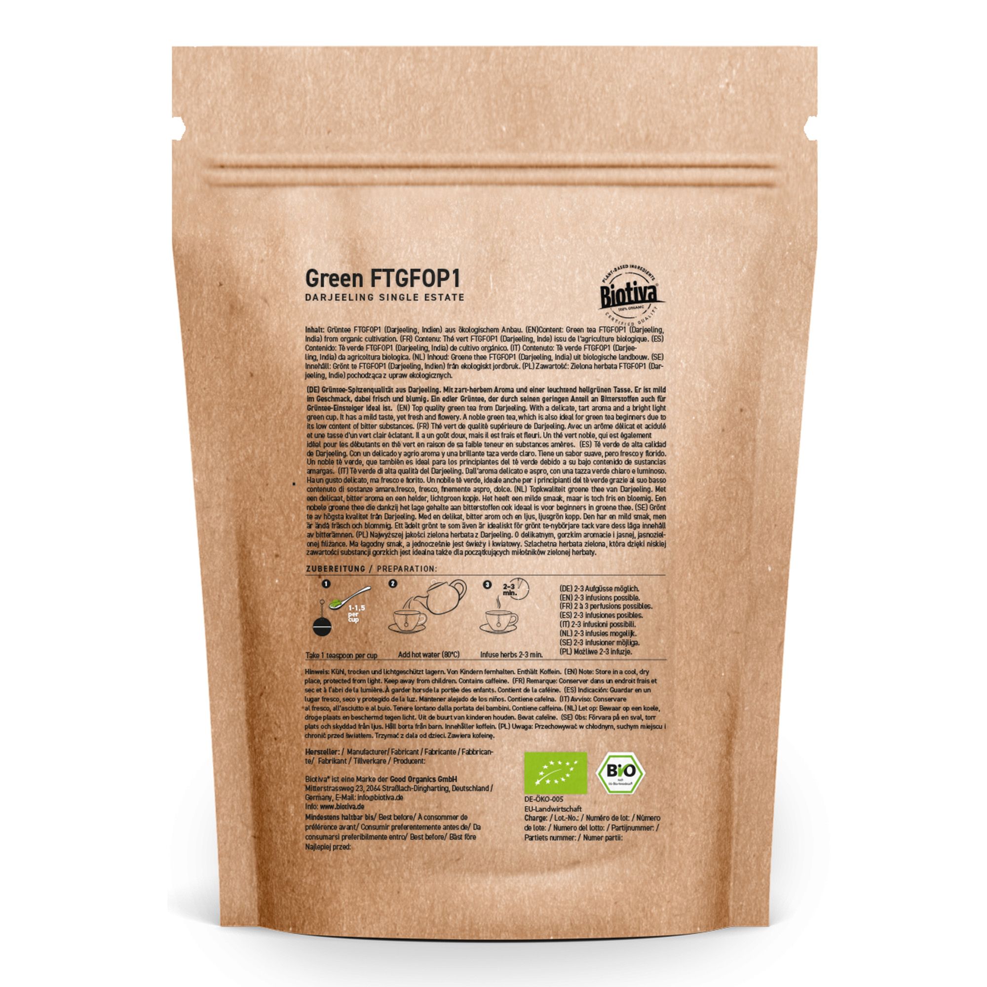 Rückseite der Biotiva Darjeeling FTGFOP1 Grüntee Bio Verpackung. Text und Bio-Zertifizierung. Zubereitungshinweise.