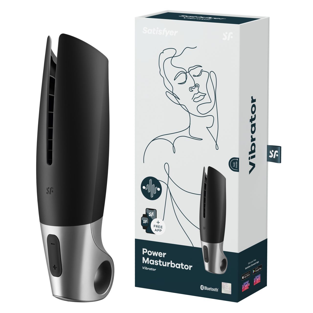 Verpackung mit Produkt und Abbildung einer Person. Produktname: Power Masturbator. Text: Vibrator. Bluetooth-Logo.