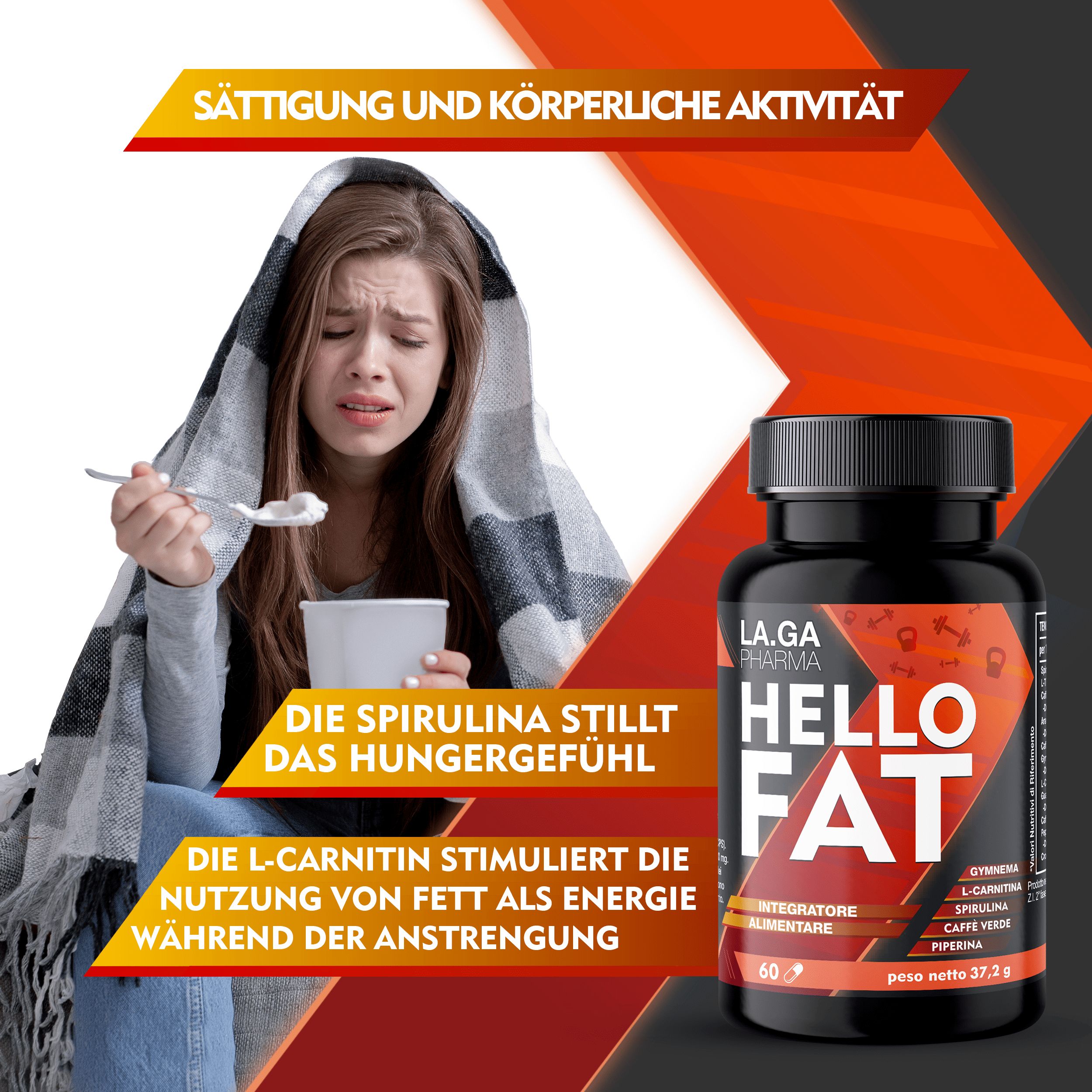 Schwarze Flasche Hello Fat. Frau mit Decke und Löffel. Text: Die Spirulina stillt das Hungergefühl. L-Carnitin.
